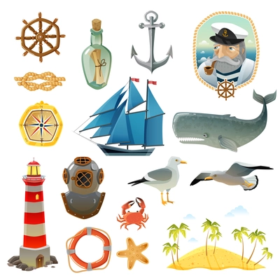 Sea nautical decorative color elements set of lighthouse captain with smoking pipe helm sailboat anchor isolated vector illustration