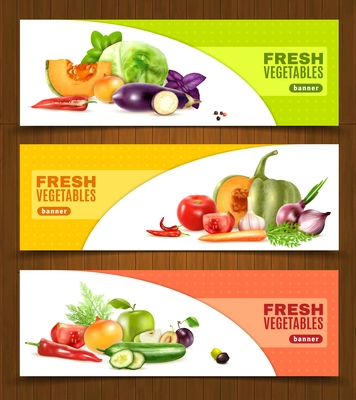 Three horizontal banners with colorful compositions of whole and chopped fresh vegetables and fruits in realistic style vector llustration