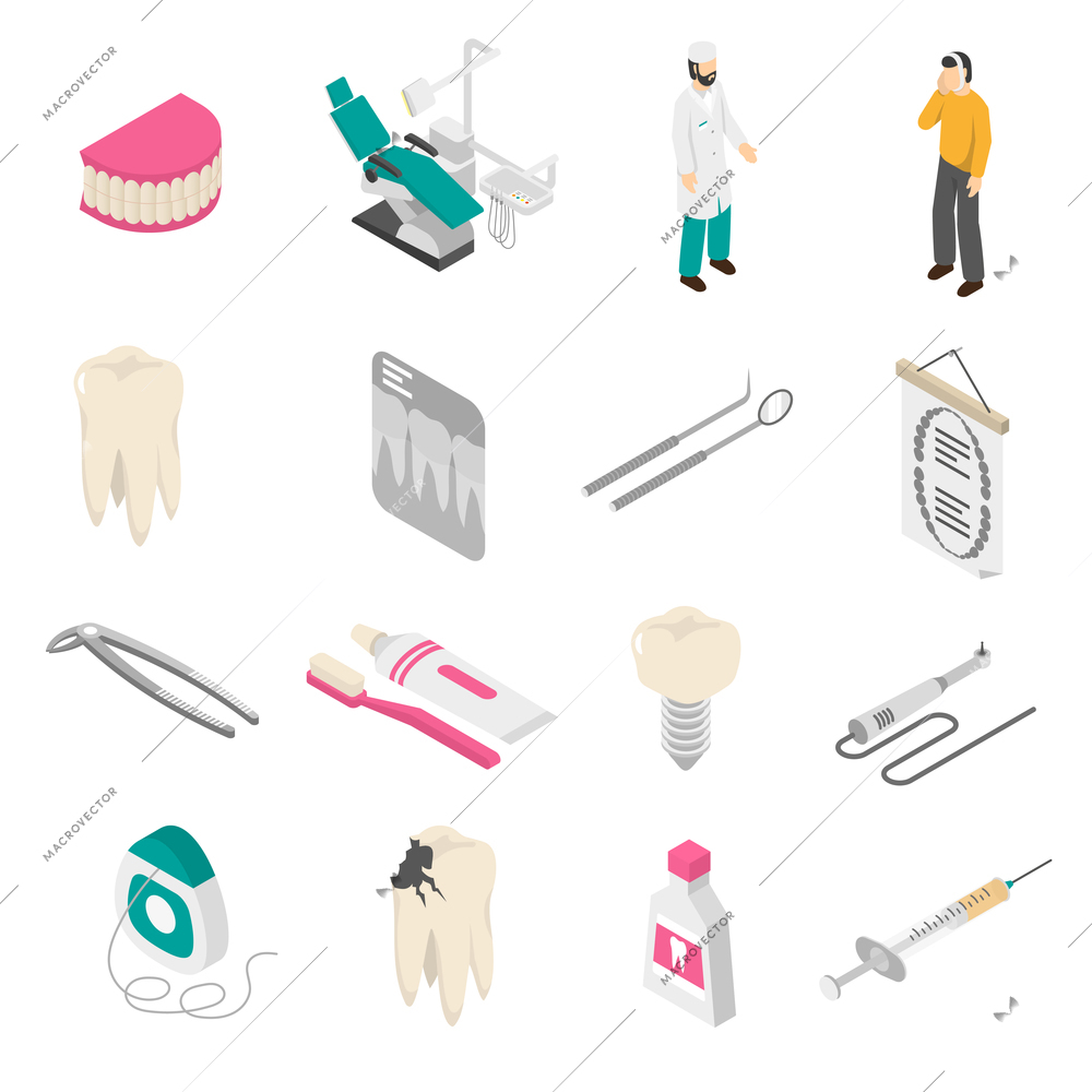 Set of color isometric icons about dentist patient tools vector illustration.