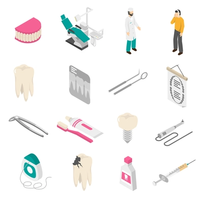 Set of color isometric icons about dentist patient tools vector illustration.