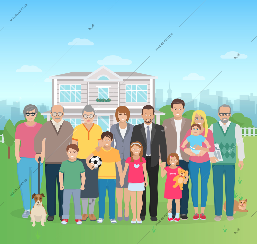 Color flat illustration big family together in the yard with cat and dog vector illustration