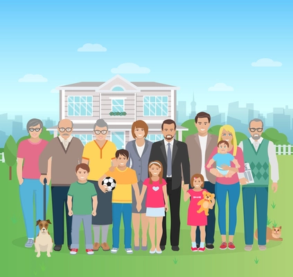 Color flat illustration big family together in the yard with cat and dog vector illustration