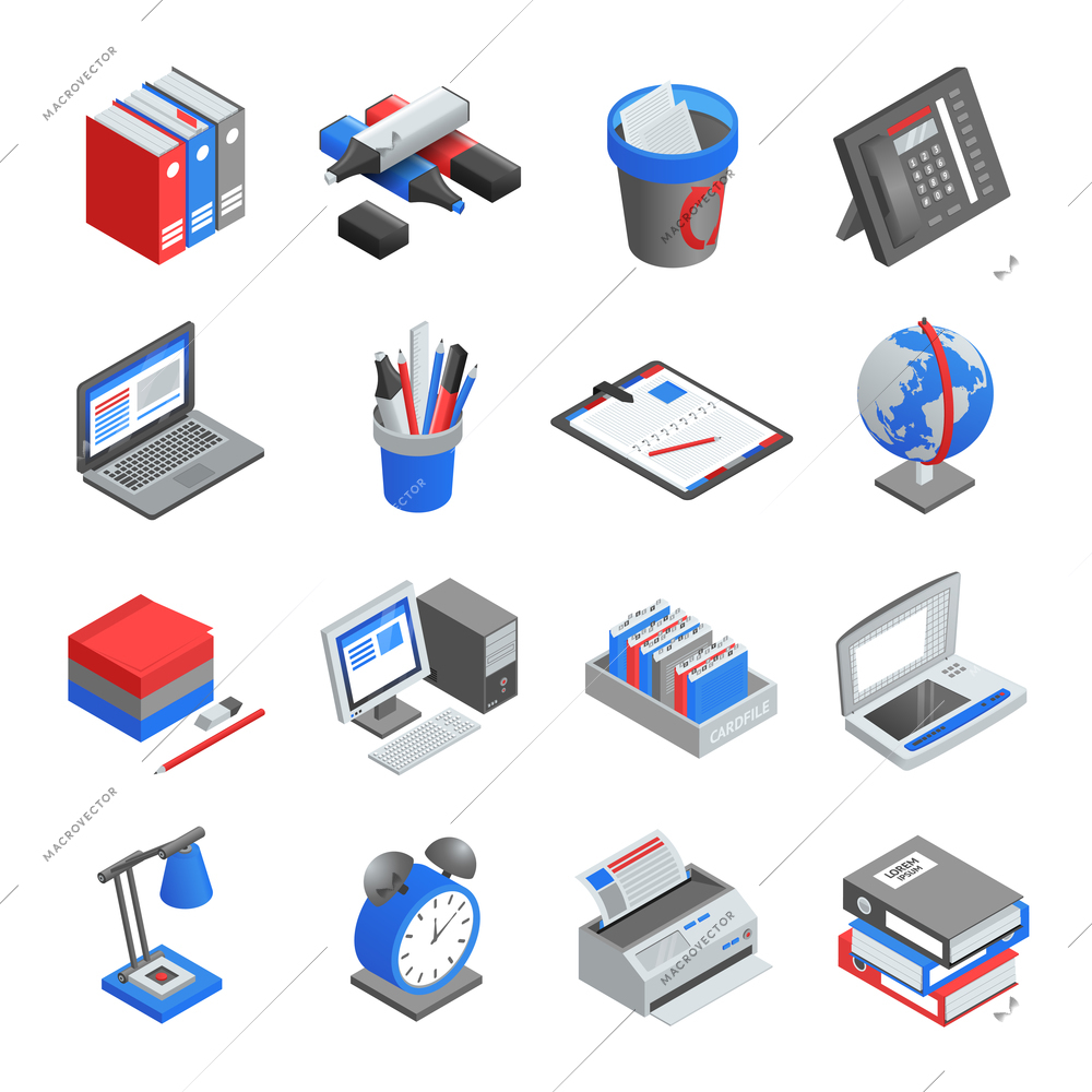 Different red blue and grey office tools for workplace isometric icons set isolated vector illustration