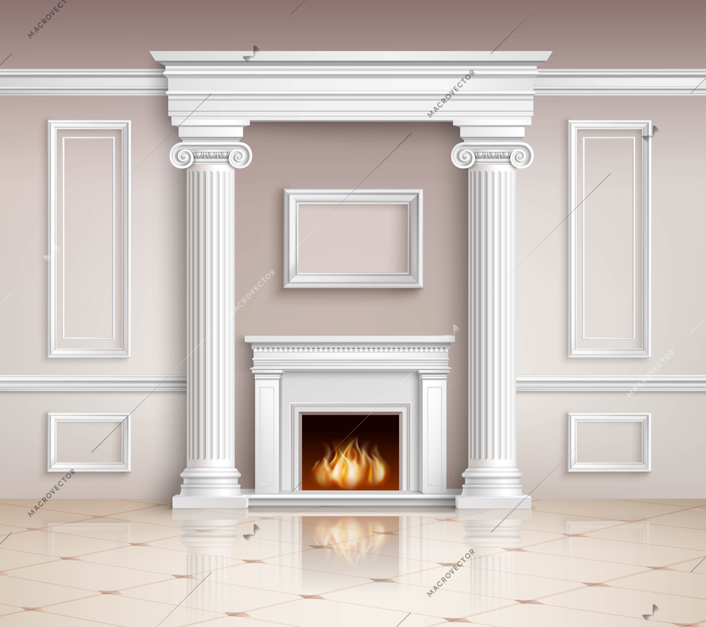 Classic Interior With Fireplace. Classic Interior Illustration. Interior Realistic Design. Classic Room Vector Illustration. Classic Interior Background. Classic Style Illustration.