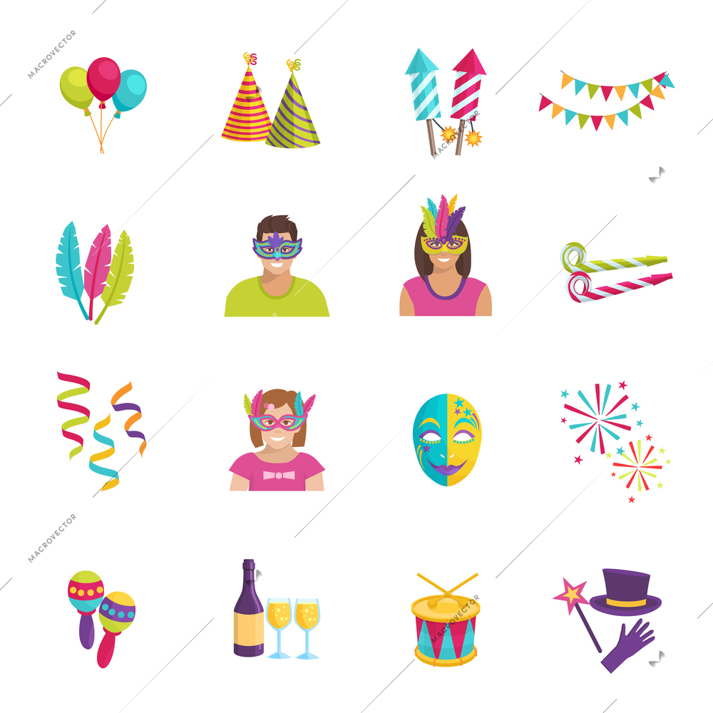 Set ot color flat icons depicting carnival elements balloon mask firework vector illustration