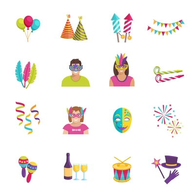 Set ot color flat icons depicting carnival elements balloon mask firework vector illustration