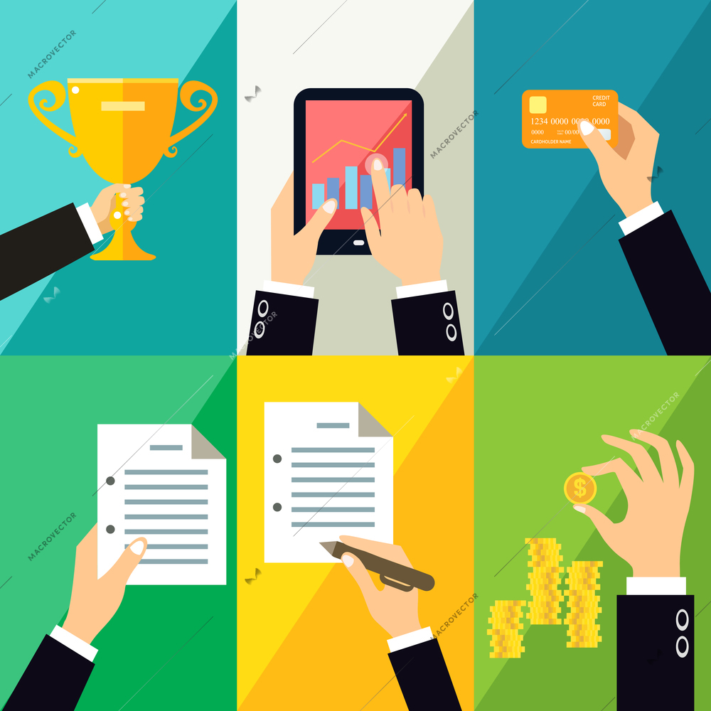 Hands gestures design elements of touch tablet sign document hold coin vector illustration