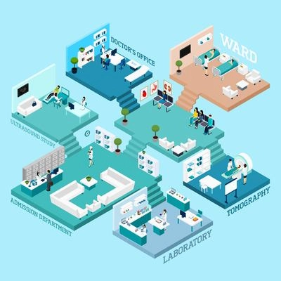 Hospital icons Isometric abstract scheme with various rooms staff  equipment and interior connected by stairs  vector illustration