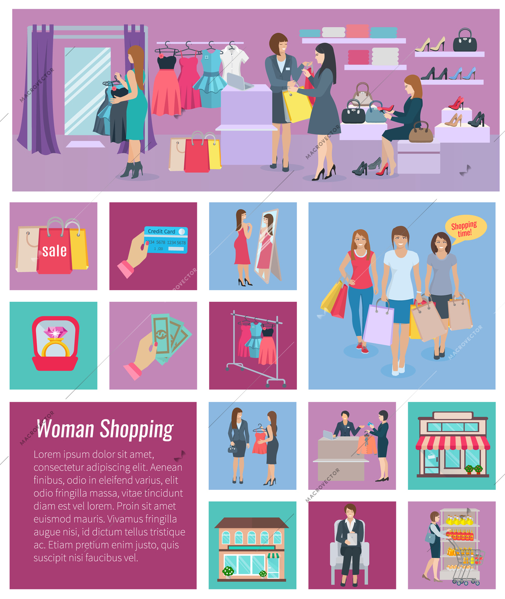 Set of color icons different size with elements of woman shopping vector illustration