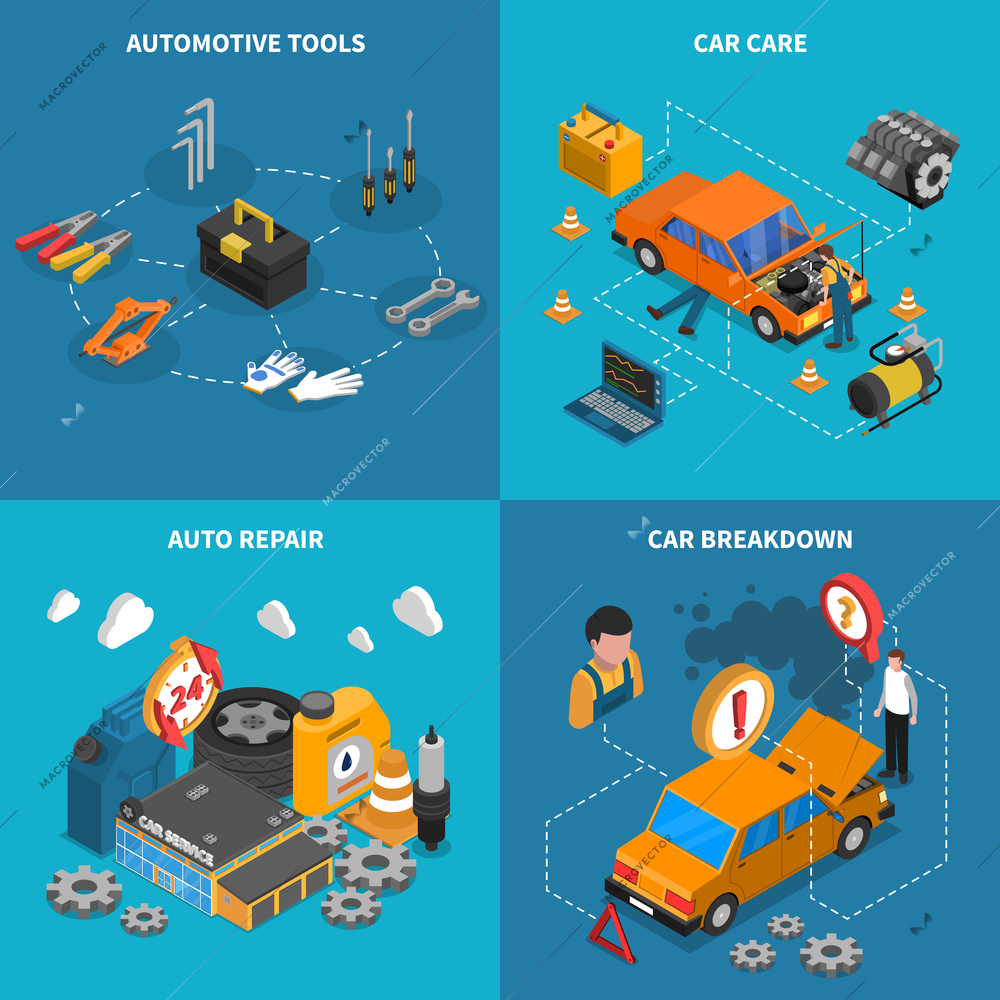 Isometric isolated icon set with different stages of service like car care breakdown vector illustration