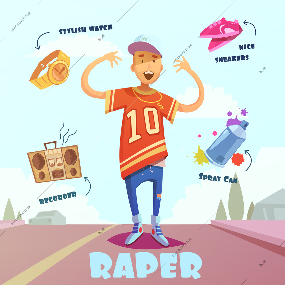 Raper character pack with trendy elements and accessories for man on road flat vector illustration