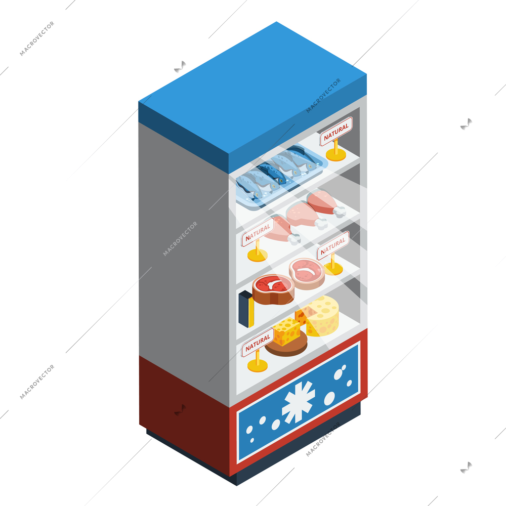 Food collection isometric abstract with fridge full of meat cheese fish and chicken vector illustration