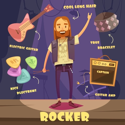 Rocker character pack with trendy elements for long haired man on stage flat vector illustration