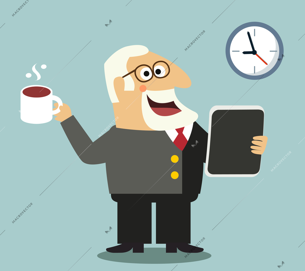 Business life happy boss with coffee mug and tablet pc reading news stock prices scene concept vector illustration