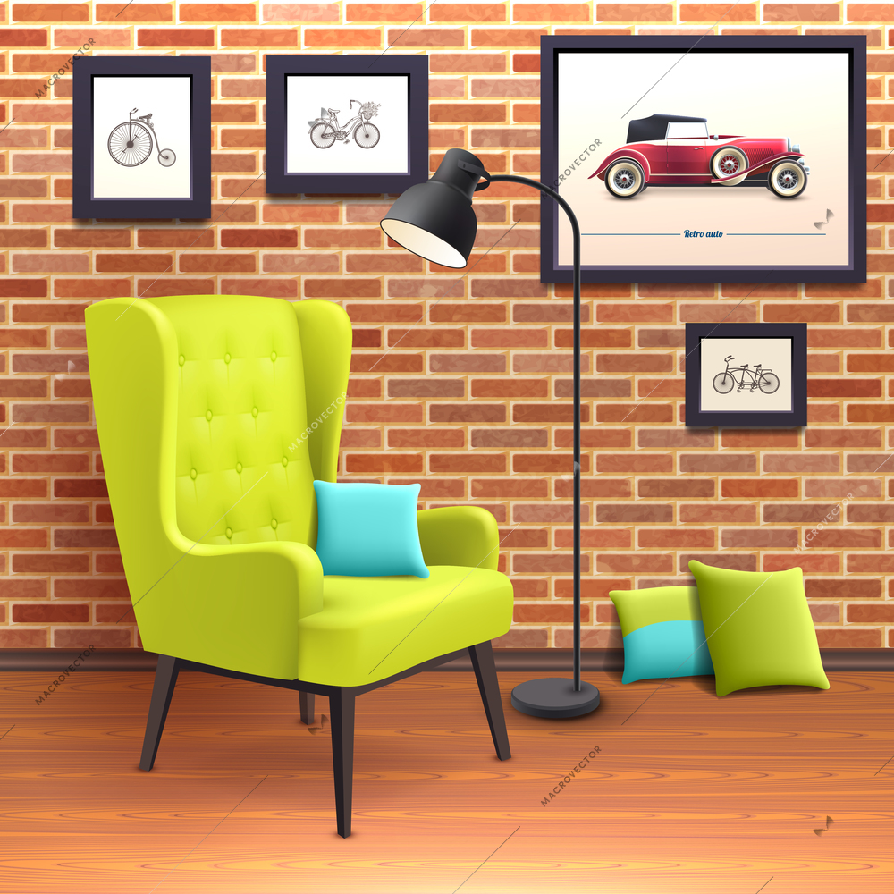 Realistic soft chair poster red standing in the corner of the room with a blue pillow on seat vector illustration