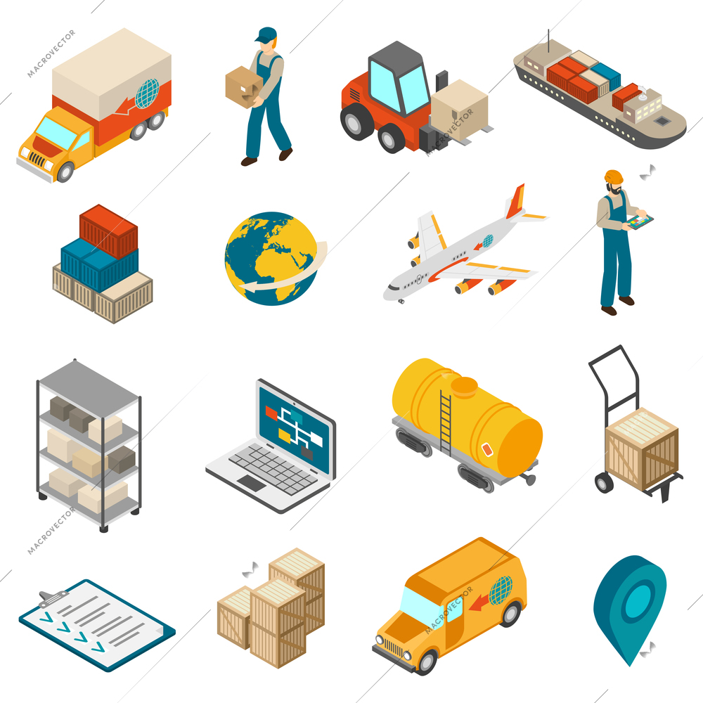 International logistic service symbols isometric icons set with world globe transport and delivery man abstract isolated vector illustration