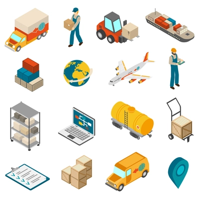 International logistic service symbols isometric icons set with world globe transport and delivery man abstract isolated vector illustration