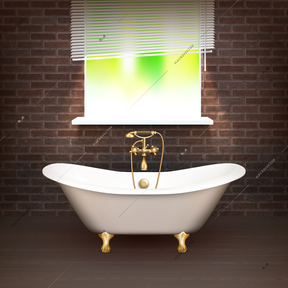 Realistic Bathroom Poster with vintage bathtub on wooden floor and a brick wall across from the window vector illustration