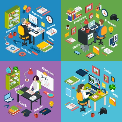 Professional workplaces of freelance art designer teacher and engineer 4 isometric icons square composition abstract vector isolated illustration