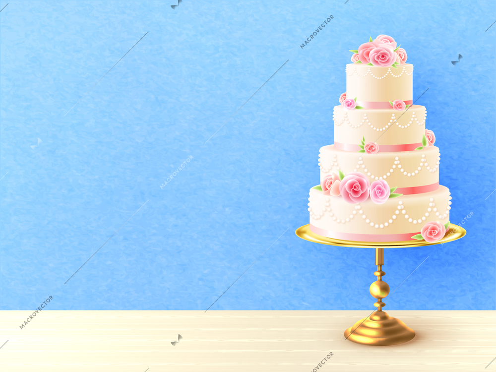 Wedding cake with cream roses on top and between tiers against blue background realistic image vector illustration