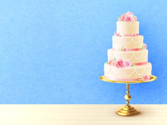 Wedding cake with cream roses on top and between tiers against blue background realistic image vector illustration