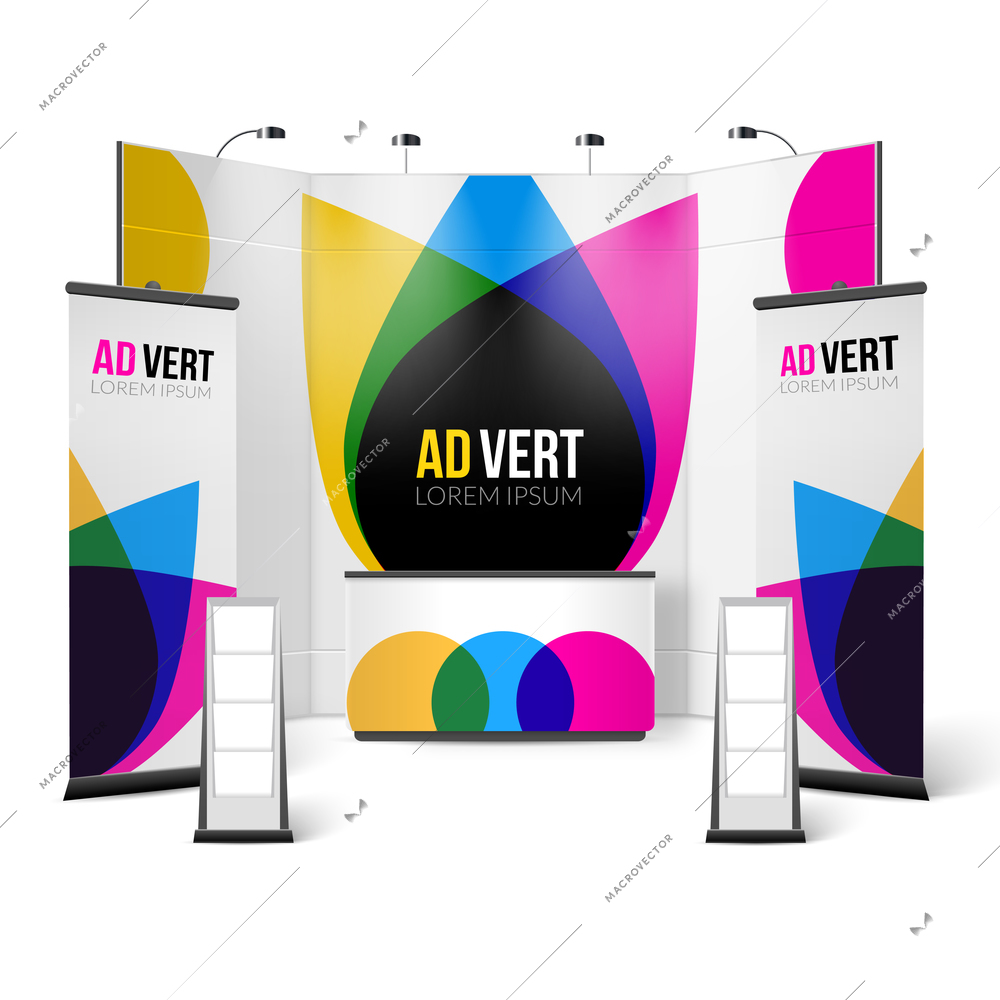 Exhibition Stand Color Design. Exhibition Stand Template. Exhibition Stand Realistic Vector Illustration. Exhibition And Show Stand Elements.