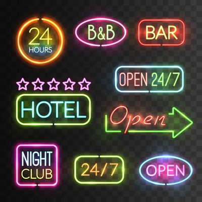 Neon open sign icon set with flash light for hotels shops casino for example vector illustration