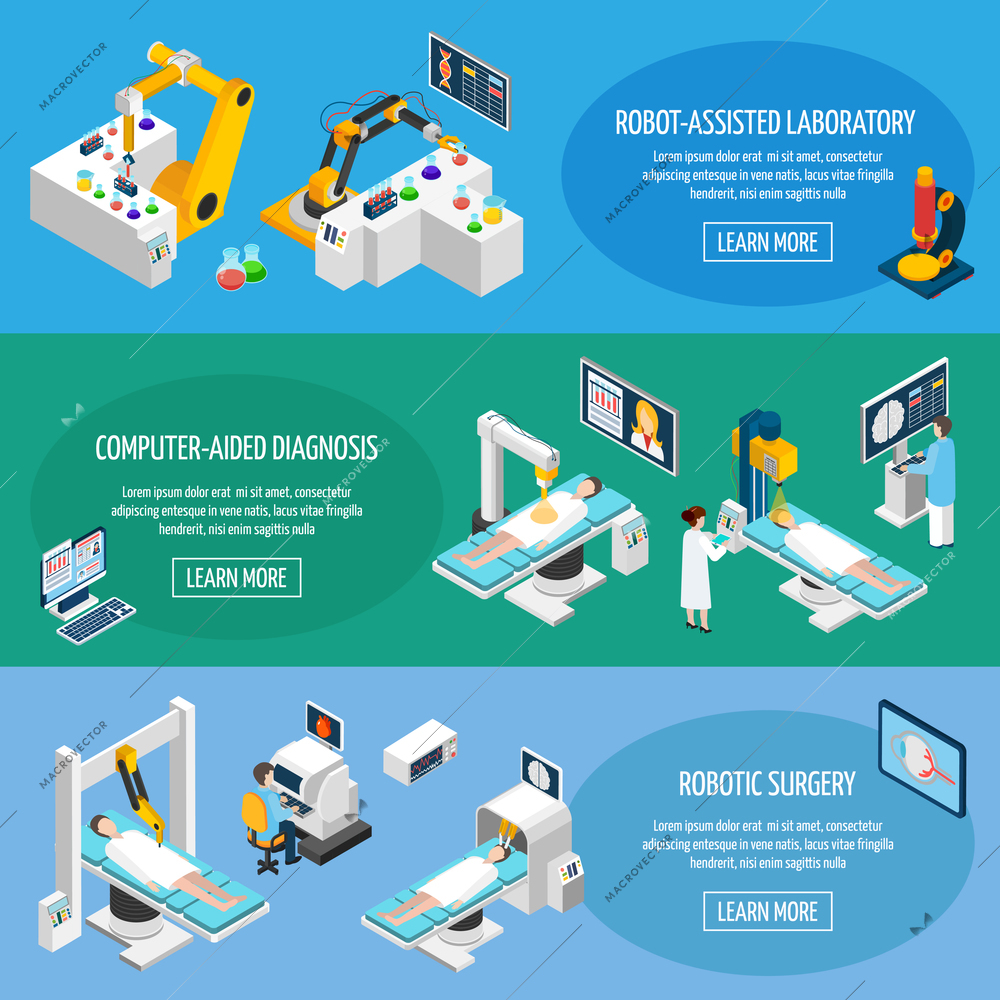 Robotic surgery banners set of robot assisted laboratory and computer aided diagnostic isometric icons vector illustration