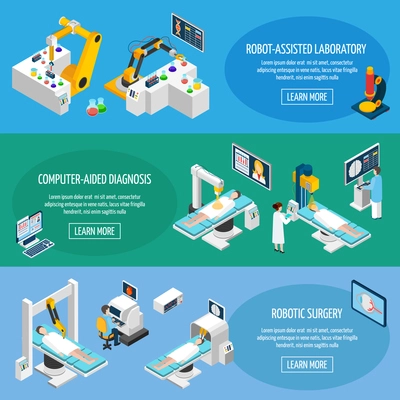 Robotic surgery banners set of robot assisted laboratory and computer aided diagnostic isometric icons vector illustration