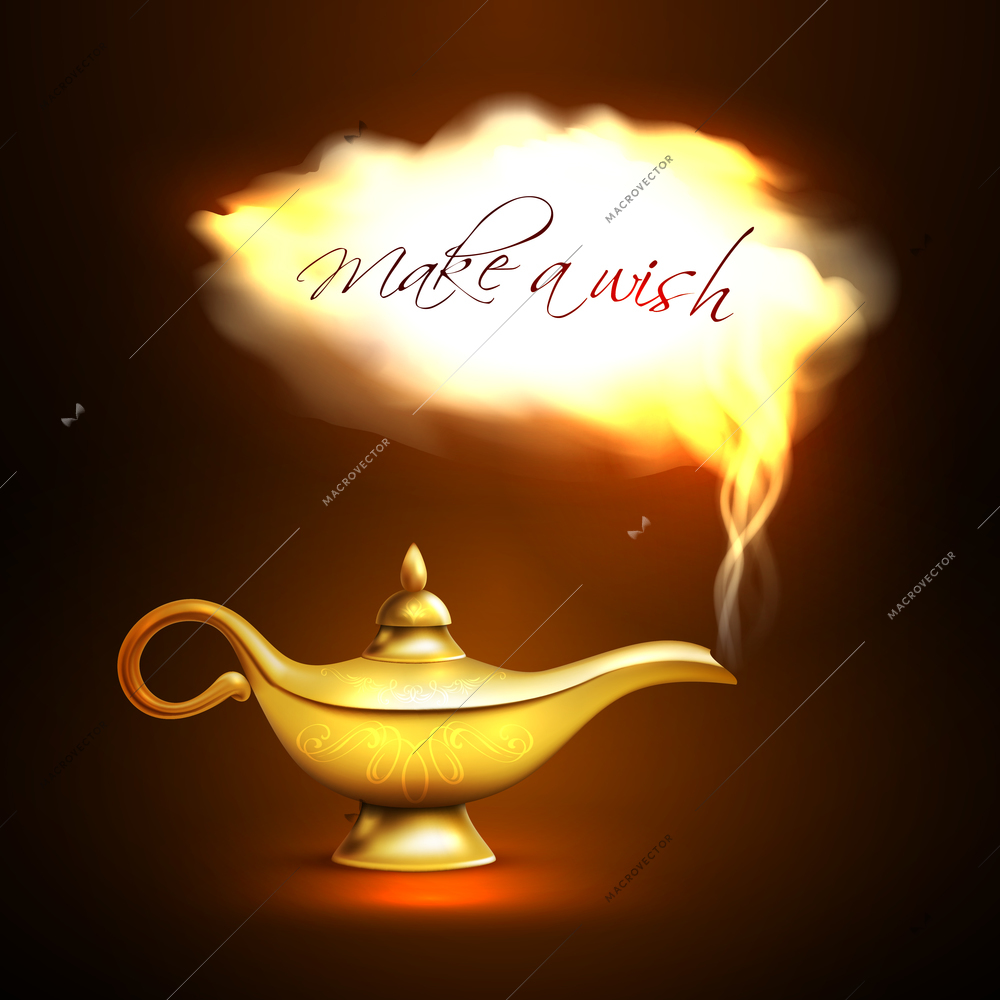 Realistic aladdin lamp with cloud look like departing from lamp genie and title make a wish vector illustration