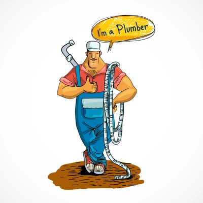 Muscular plumber with water pipe and hose thumbs up character vector illustration
