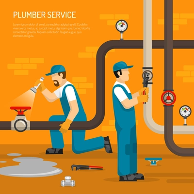 Inspection of pipeline composition with plumbing work leak on floor on brick wall background vector illustration