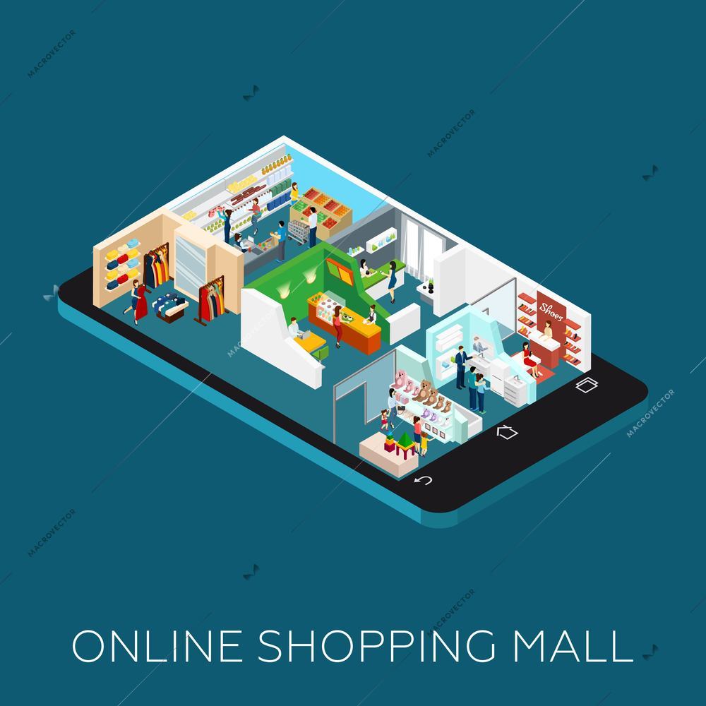 Online shopping mall Isometric icons placed on the smart phone shaped base vector illustration