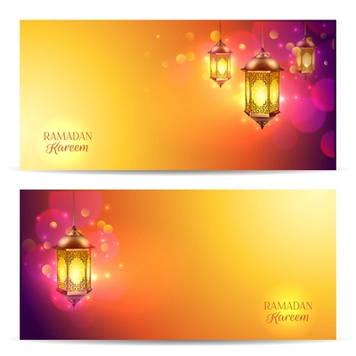 Two horizontal Ramadan banner set with flash light on beautiful colorful abstract background vector illustration