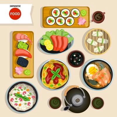 Japanese Food Top View Set. Japanese Food Vector Illustration. Japanese Food Cartoon Symbols. Japanese Food Design Set.  Japanese Food Isolated Set.