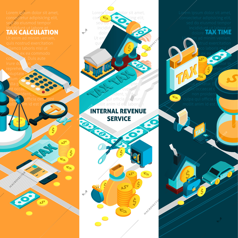 Tax isometric vertical banners set with internal revenue service symbols isolated vector illustration