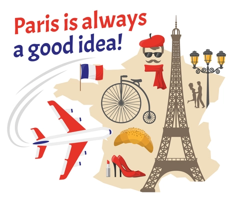 Paris decorative flat icons set with french flag map street actor eiffel tower red shoes vector illustration