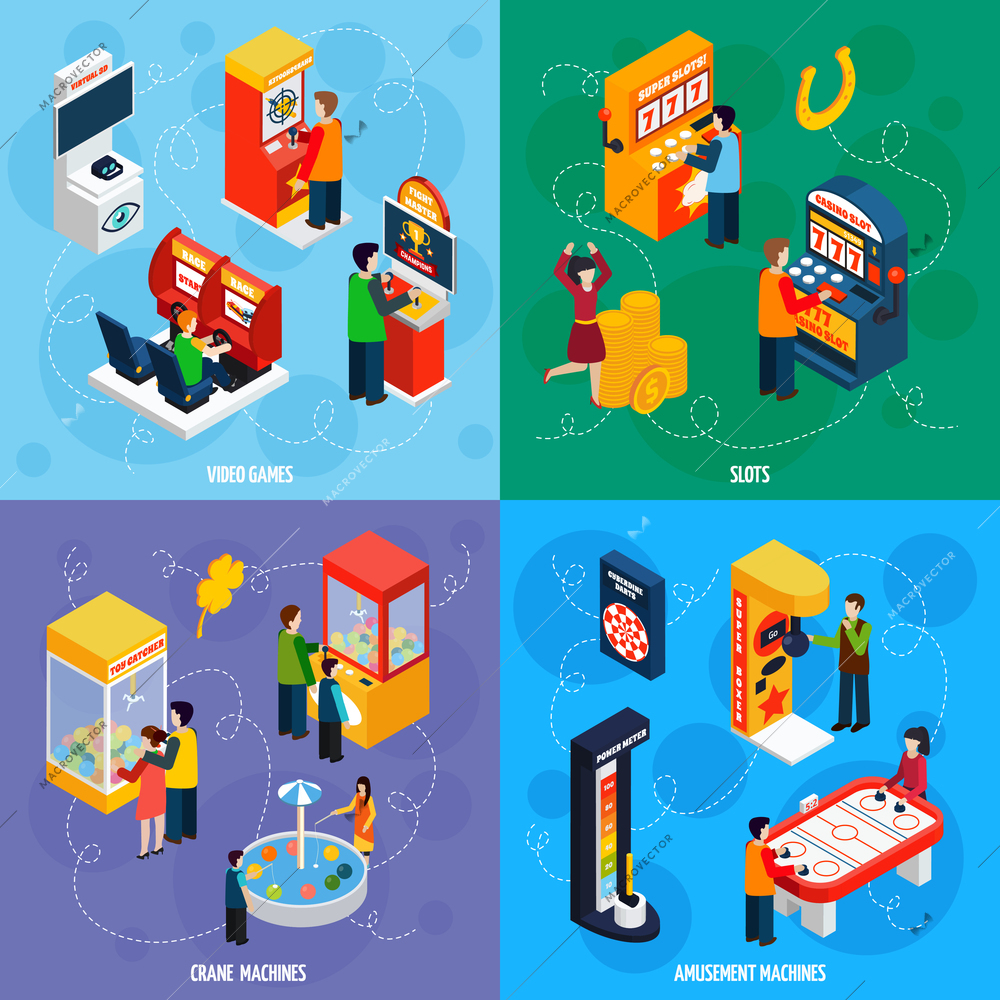 Claw crane and video games amusement slot machines 4 isometric icons square banner abstract isolated vector illustration