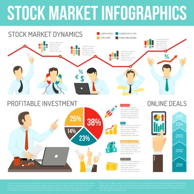 Stock market infographics with working traders money computer smartphone diagrams graphs statistics dynamics vector illustration