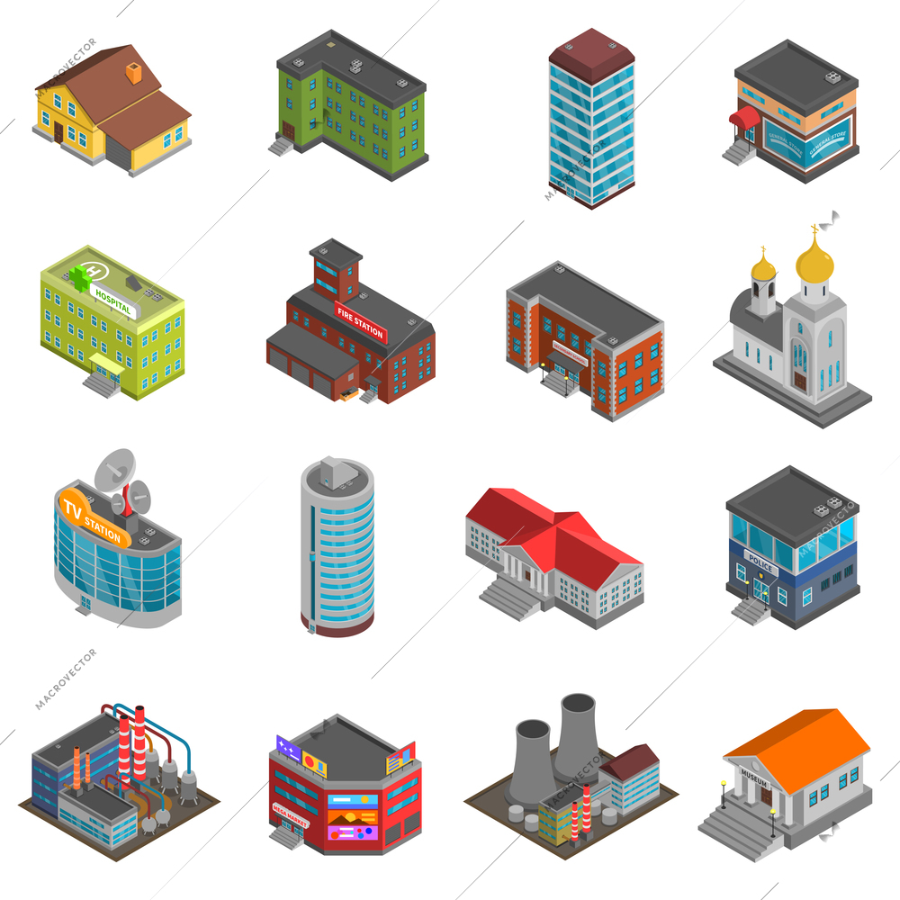 City buildings isometric icons set of colorful houses of different form isolated vector illustration