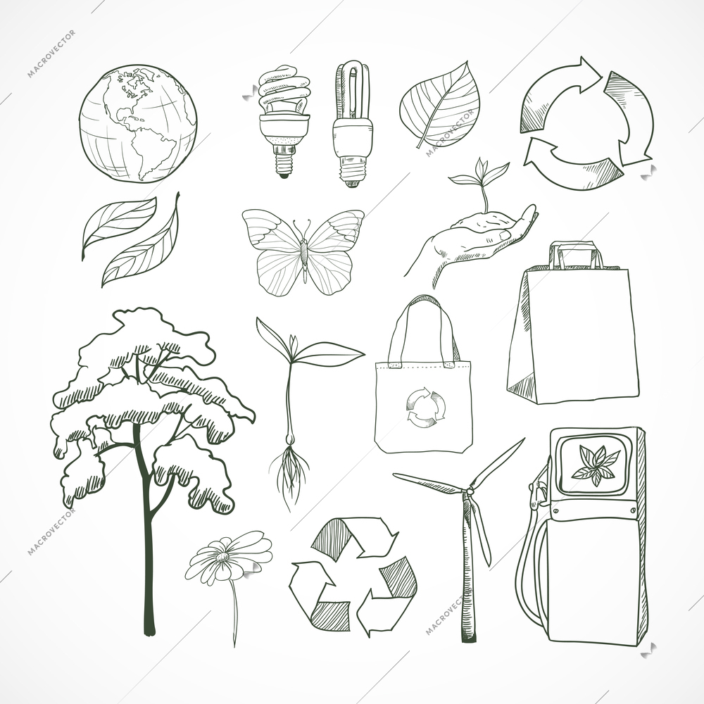 Doodle icons set ecology and environment with decorative elements isolated vector illustration