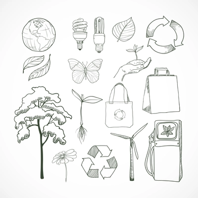 Doodle icons set ecology and environment with decorative elements isolated vector illustration