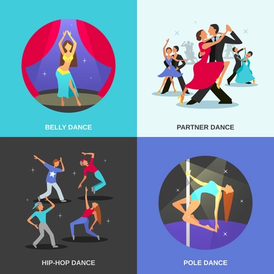 Color flat concept 2x2 depicting different dance style belly hip-hop partner pole vector illustration