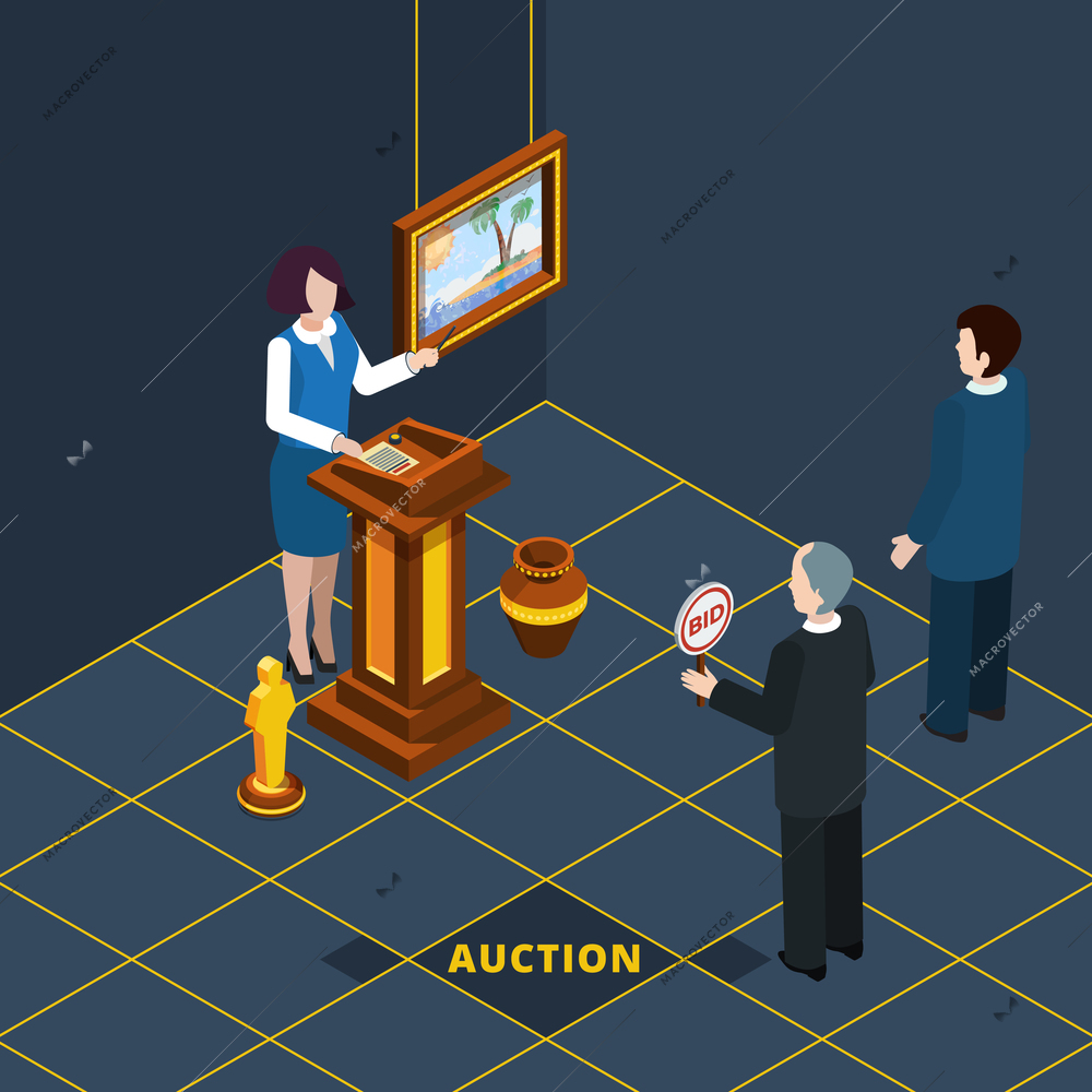 Isometric auction process abstract with bidding man and female auctioneer vector illustration
