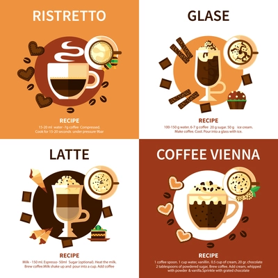 Coffee 2x2 design concept set of different  types of coffee drinks with names ingredients and recipes flat vector illustration