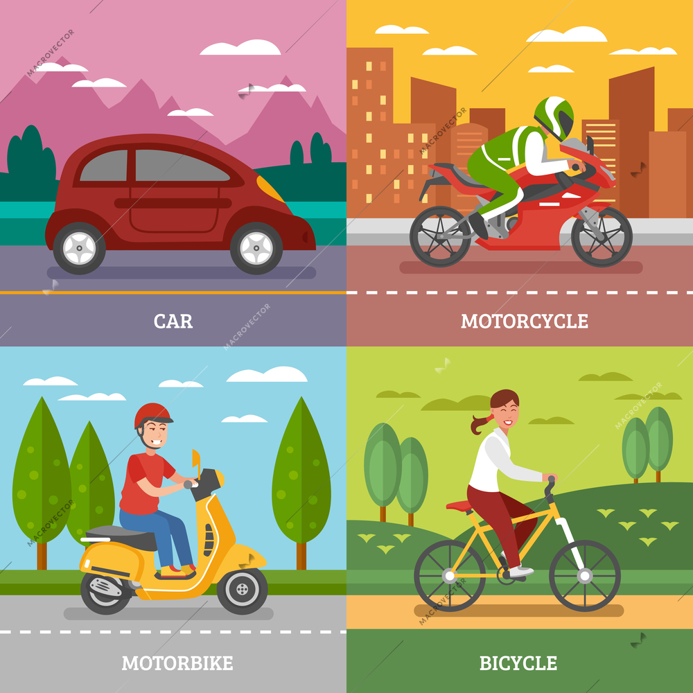 Personal transport concept with automobile motorbike bicycle with natural landscape motorcycle on city background isolated vector illustration