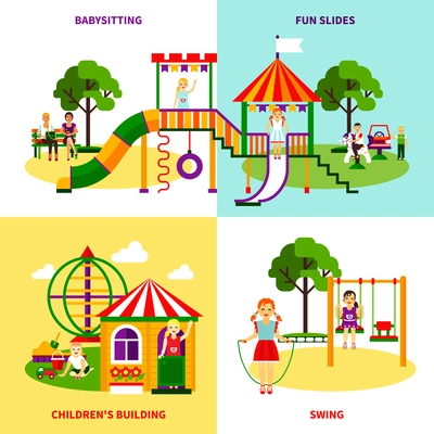 Color flat composition 2x2 design concept of outside playground with swing babysitting childrens bilding fun slides vector illustration