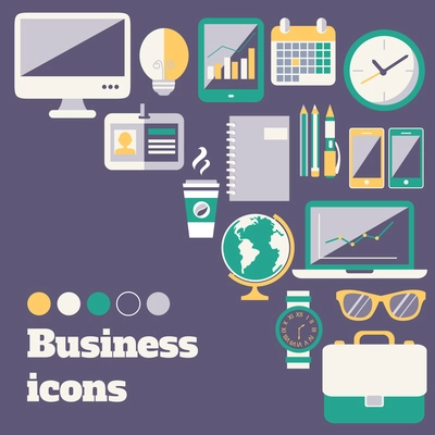 Business office accessories supplies and electronic gadgets poster design layout template