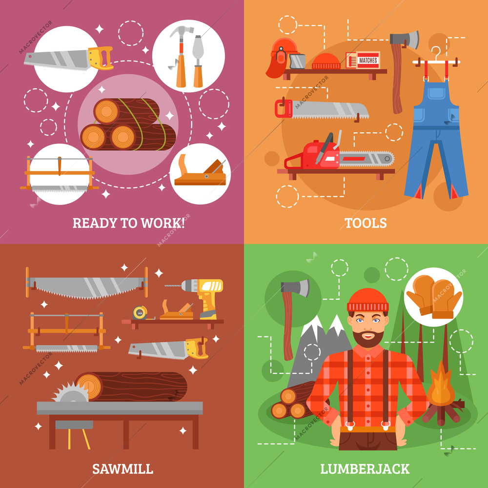 Lumberjack and tools for working wood with sawmill forest bonfire saw axe overall casque isolated vector illustration