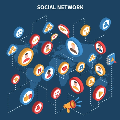 Social network isometric set with colored icons connected with dotted lines on the map background vector illustration